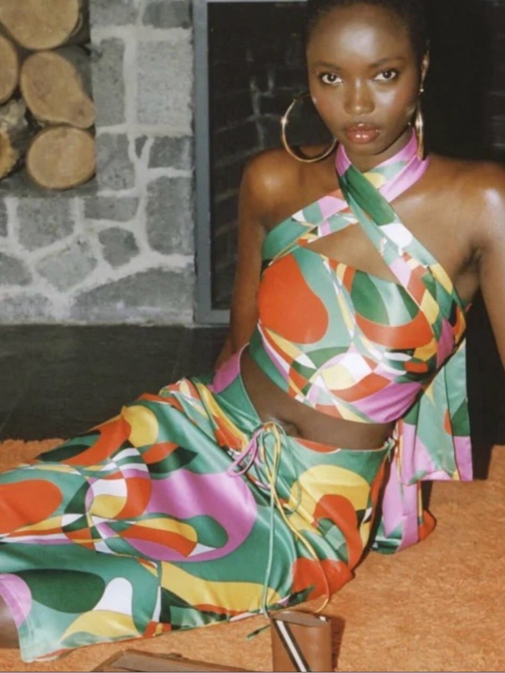 Tiger Mist Green Pink Orange Abstract Satin Midi Skirt